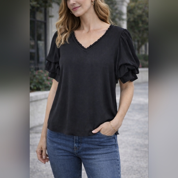 Rose & Olive Tops - Rose + Olive | Elegant Black Ruffle Sleeve Top, Size M